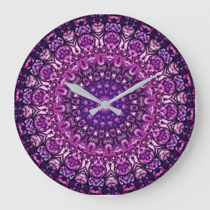 Grande Horloge Ronde Modèle de Damas florales pourpres