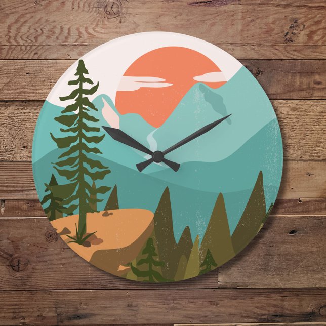 Grande Horloge Ronde Modern Abstract Forest, Mountains, and Sunrise (In situ)