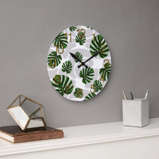 Grande Horloge Ronde Modern Boho Botanical Leaves Pattern