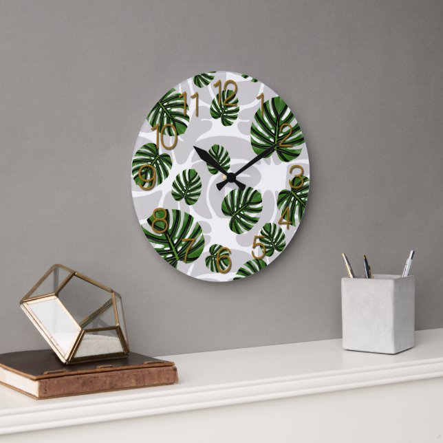 Grande Horloge Ronde Modern Boho Botanical Leaves Pattern (Bureau)