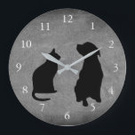 Grande Horloge Ronde Modern cat dog silhouettes pets chalkboard<br><div class="desc">Modern cat and dog silhouettes,  pets,  sitting on chalkboard background clock. White Numbers.</div>