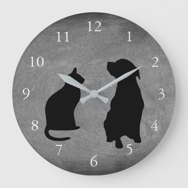 Grande Horloge Ronde Modern cat dog silhouettes pets chalkboard (Recto)