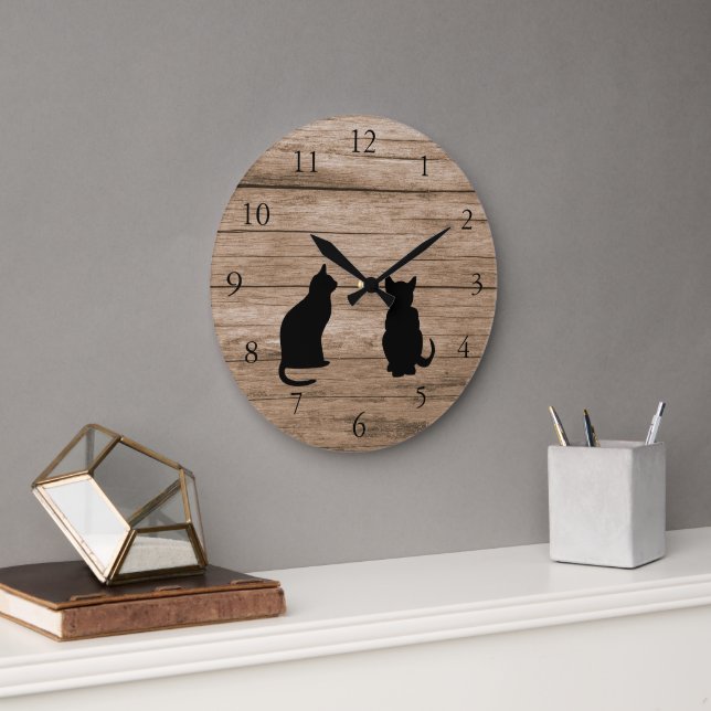 Grande Horloge Ronde Modern cat silhouettes on rustic dark wood (Bureau)