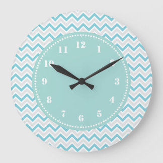 Grande Horloge Ronde Modern Chevron Pattern Girly Aqua Blue