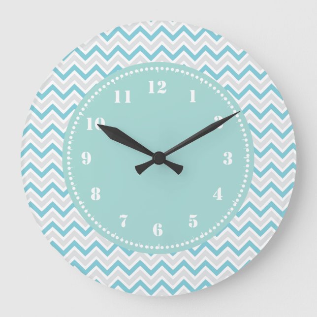 Grande Horloge Ronde Modern Chevron Pattern Girly Aqua Blue (Recto)