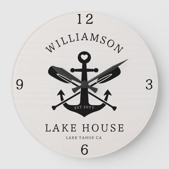 Grande Horloge Ronde Modern Lake House Nom de famille Ancre Oars Paddle (Recto)