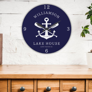 Grande Horloge Ronde Modern Lake House Nom de famille Marine bleue