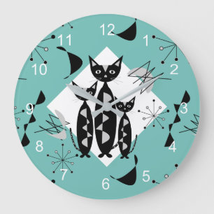 Grande Horloge Ronde Modern Mid Century Retro Cats Cute Pattern Square