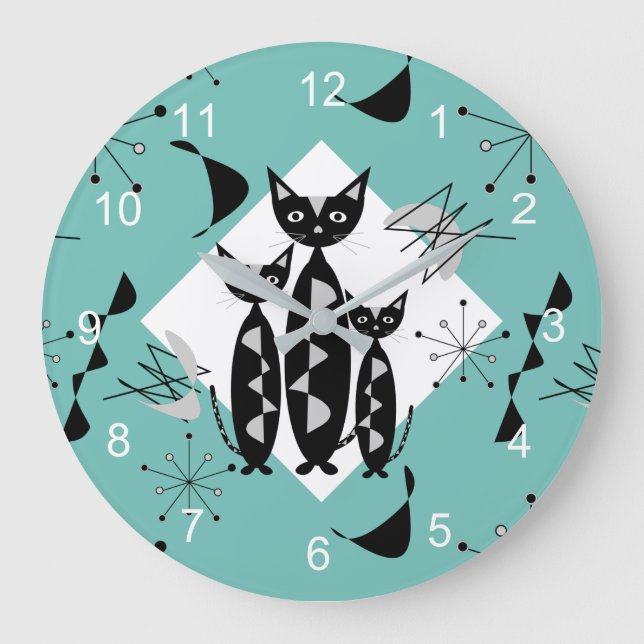 Grande Horloge Ronde Modern Mid Century Retro Cats Cute Pattern Square  (Recto)