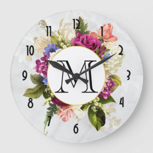 Grande Horloge Ronde Modern Pink & White Watercolor Floral Bouquet