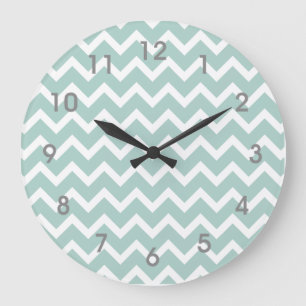 Grande Horloge Ronde Modern Teal Blue White Chevron Clock gray numbers
