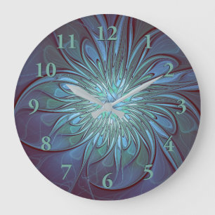 Grande Horloge Ronde Moderne Abstrait tendance Fleur bleue Fractal Art