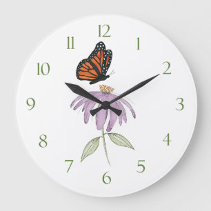 Grande Horloge Ronde Moderne Elégant Floral Minimaliste Papillon Simple