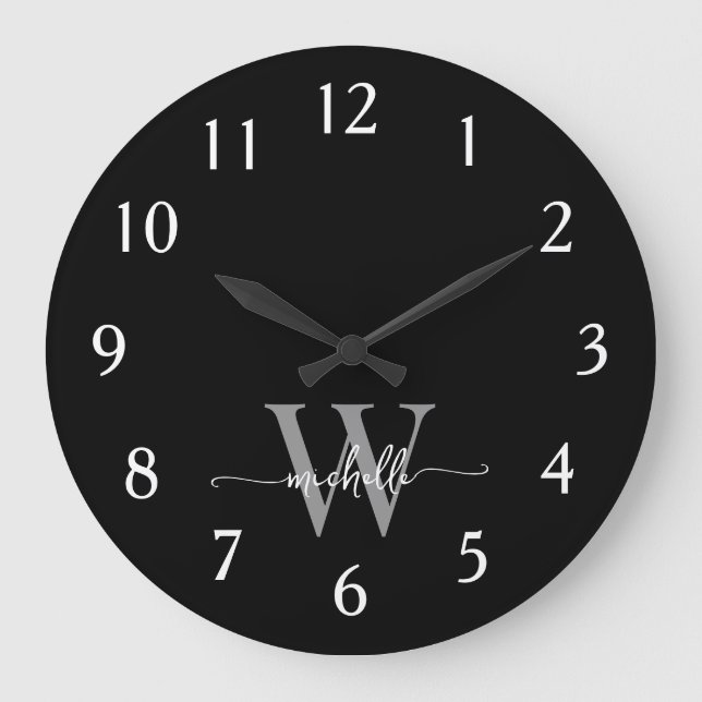 Grande Horloge Ronde Moderne Élégant Nom en Gris Noir Monogramme Script (Recto)