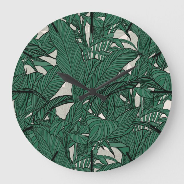 Grande Horloge Ronde Moderne feuillage vert plante Design botanique (Recto)