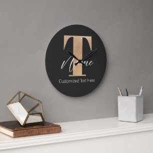 Grande Horloge Ronde Moderne Monogramme Initiale T & Nom Personnalisé