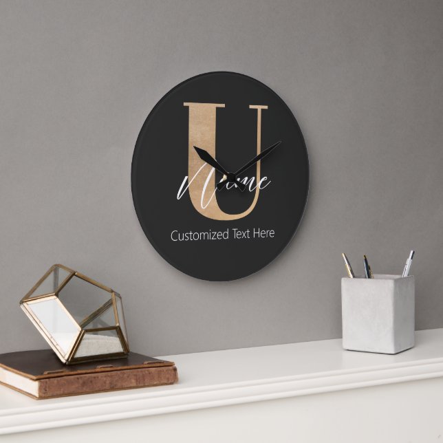 Grande Horloge Ronde Moderne Monogramme Initiale U & Nom Personnalisé (Bureau)