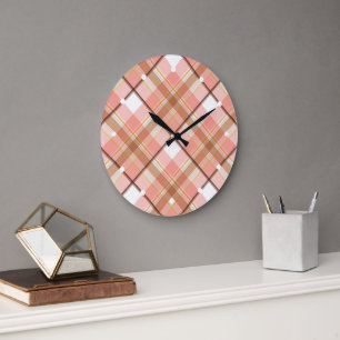 Grande Horloge Ronde Moderne motif carreauté rouge pêche orange blanc m