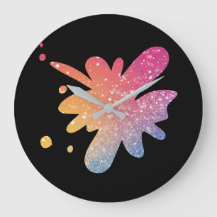 Grande Horloge Ronde Moderne Paillettes Arc-en-Ciel Noir