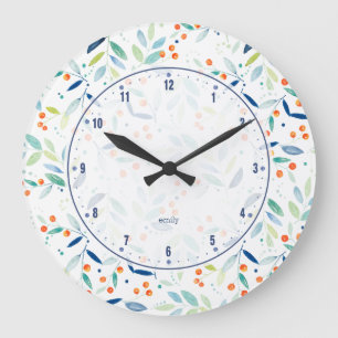 Grande Horloge Ronde Moderne Pastel Botanical Leafs & Berries Motif