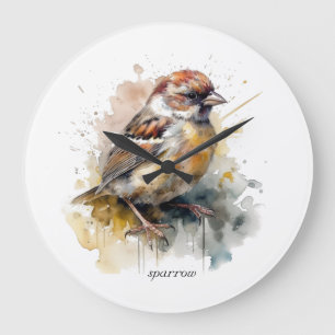 Grande Horloge Ronde Moineau aquarelle rustique, personnalisé
