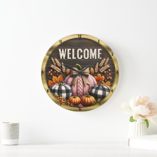 Grande Horloge Ronde Moisson Citrouille d'automne Bienvenue