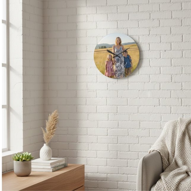 Grande Horloge Ronde Mom Established Modern White Script Photo (Créateur téléchargé)