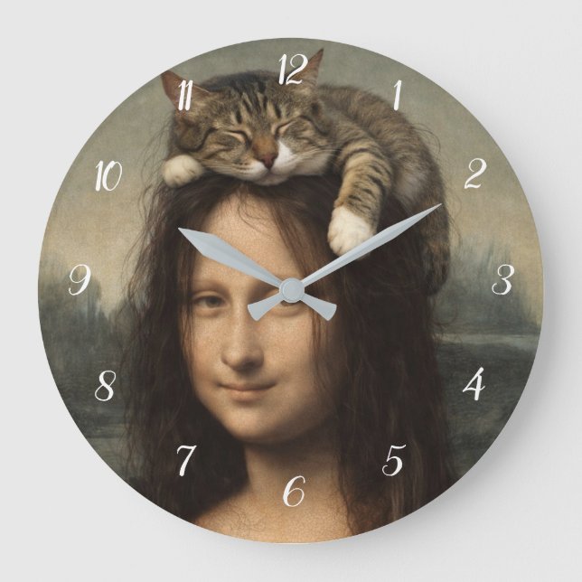 Grande Horloge Ronde Mona Lisa avec chat endormi (Recto)
