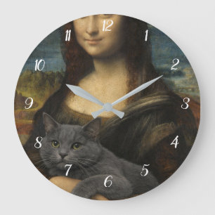 Grande Horloge Ronde Mona Lisa tenant un élégant chat gris