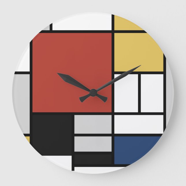 Grande Horloge Ronde Mondrian Peinture Rouge Plane Jaune Noir Gris Bleu (Recto)