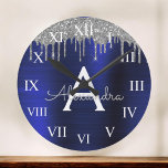 Grande Horloge Ronde Mongram de Silver Navy<br><div class="desc">Silver and Navy Blue Faux Foil Metallic Sparkle Glitter Brushed Metal Monogram Name and Initial Luxury Wall Clock. This makes the perfect sweet 16 birthday,  wedding,  bridal shower,  anniversary,  baby shower or bachelorette party gift for someone that loves glam luxury and chic styles.</div>