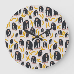 Grande Horloge Ronde Monkey Chimpanzee & Banana Pattern 