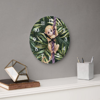Grande Horloge Ronde Monkey Purple Rope Green Leaves