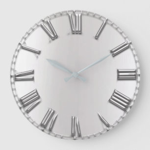 Grande Horloge Ronde Monochrom Gris Métallique Gris Argent Romain Numér