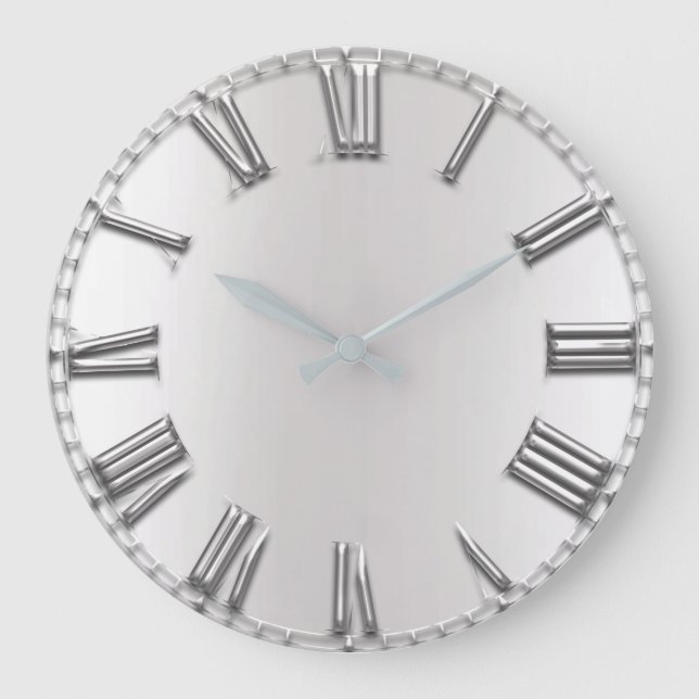 Grande Horloge Ronde Monochrom Gris Métallique Gris Argent Romain Numér (Recto)