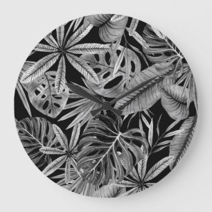 Grande Horloge Ronde Monochrome Tropical, Aquarelle Texture Feuille.