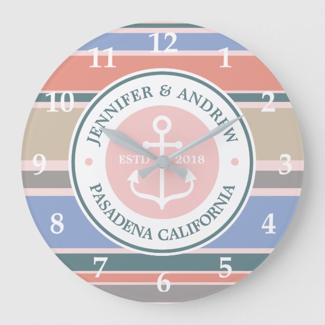 Grande Horloge Ronde Monogram Anchor Trendy Stripes Pink Nautical Beach (Recto)