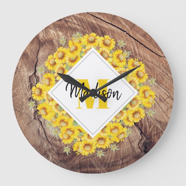 Grande Horloge Ronde Monogram de Rustic Sunflowers & Wood Texture (Recto)