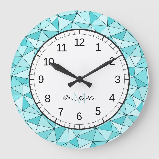 Grande Horloge Ronde Monogram Geometric Cyan modern Wall Clock (Recto)