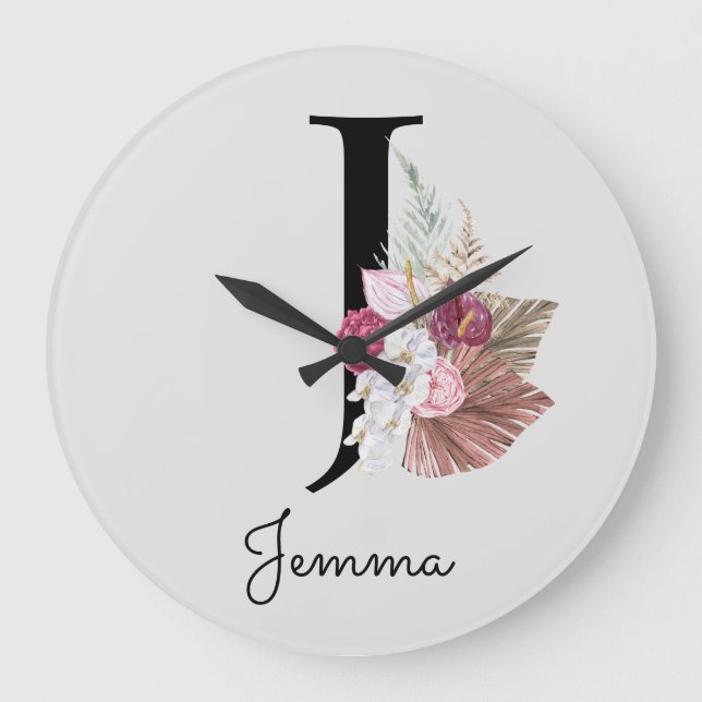 Grande Horloge Ronde Monogram Pink Boho Girly Floral Initial J (Recto)