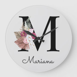 Grande Horloge Ronde Monogram Pink Boho Girly Floral Initial M
