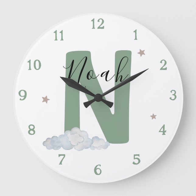 Grande Horloge Ronde Monogram Sage Baby Initial Name Nursery Wall Clock (Recto)