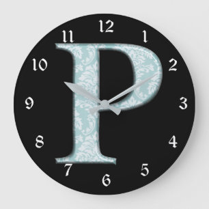 Grande Horloge Ronde Monogramme à Damas de fleur bleu - P initial Horlo