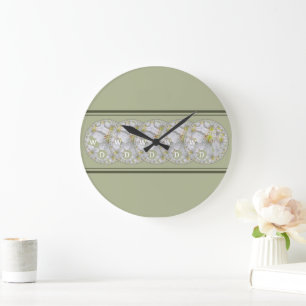 Grande Horloge Ronde Monogramme Abstrait Printemps Fleur Jaune Gris