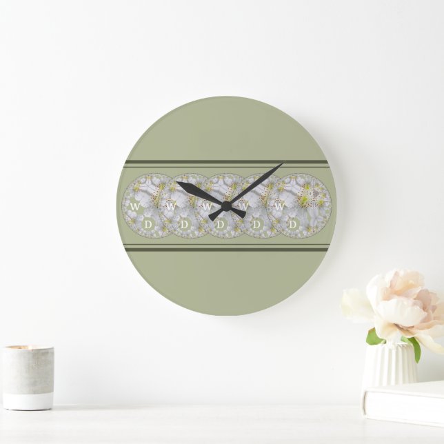 Grande Horloge Ronde Monogramme Abstrait Printemps Fleur Jaune Gris (Maison)
