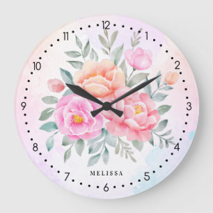 Grande Horloge Ronde Monogramme Aquarelle Ombre Roses roses roses