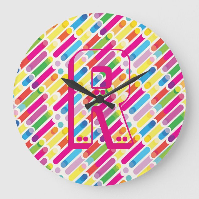 Grande Horloge Ronde Monogramme Arc-en-ciel lignes diagonales Motif Pop (Recto)