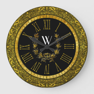Grande Horloge Ronde Monogramme baroque élégant de guirlande d'or