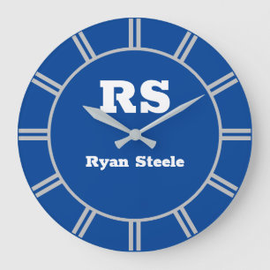 Grande Horloge Ronde Monogramme blanc & nom, lignes gris clair, bleu pr
