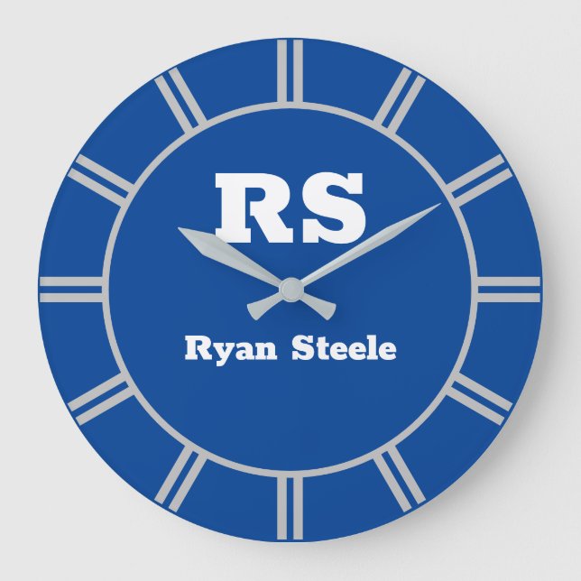 Grande Horloge Ronde Monogramme blanc & nom, lignes gris clair, bleu pr (Recto)